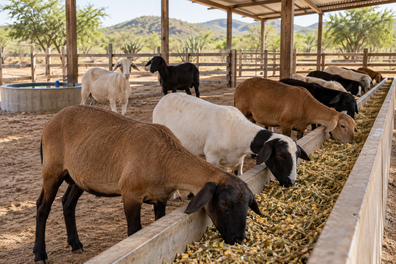 Ovinos em cocho sob instalação sombreada no semiárido